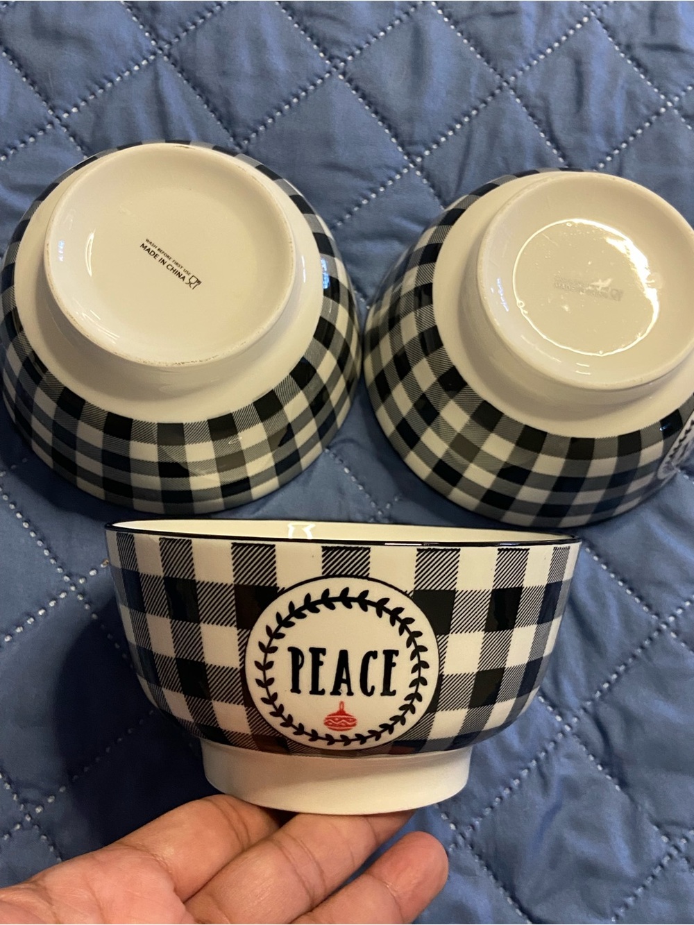 3PC. CHRISTMAS HOLIDAY Black-White BUFFALO Plaid PEACE Cereal Bowl